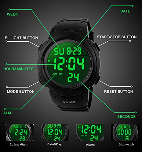 Para la práctica de deportes de los relojes digitales - al aire libre impermeable Deporte Reloj con alarma, Big Face Military muñeca relojes con retroiluminación LED para running hombres - Negro VDSOW