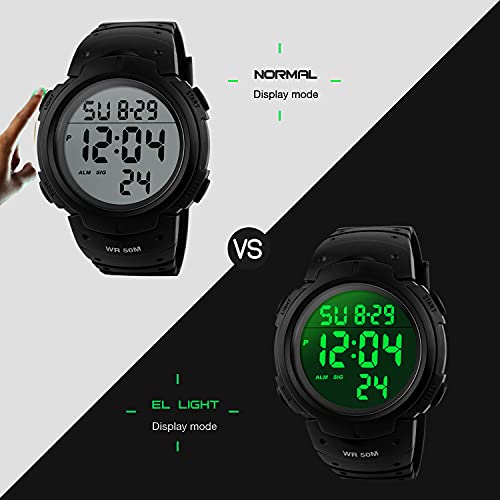 Para la práctica de deportes de los relojes digitales - al aire libre impermeable Deporte Reloj con alarma, Big Face Military muñeca relojes con retroiluminación LED para running hombres - Negro VDSOW