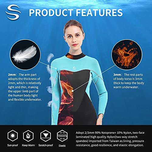 PAWHITS Traje de neopreno de 3 mm para mujer, manga larga, traje de neopreno completo para buceo, surf, esnórquel azul