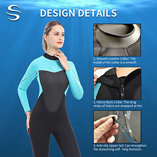 PAWHITS Traje de neopreno de 3 mm para mujer, manga larga, traje de neopreno completo para buceo, surf, esnórquel azul