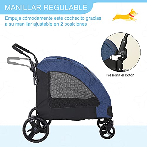 Pawhut Cochecito para Mascotas Carrito para Perro Gatos 4 Ventanas Transpirables Buena Ventilación Puerta Grande Cojín Extraíble 98x82x110 cm Azul