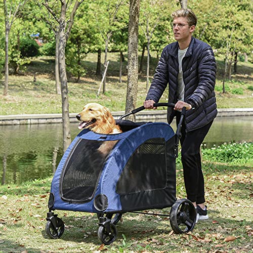 Pawhut Cochecito para Mascotas Carrito para Perro Gatos 4 Ventanas Transpirables Buena Ventilación Puerta Grande Cojín Extraíble 98x82x110 cm Azul