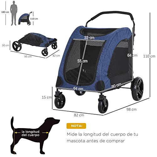 Pawhut Cochecito para Mascotas Carrito para Perro Gatos 4 Ventanas Transpirables Buena Ventilación Puerta Grande Cojín Extraíble 98x82x110 cm Azul