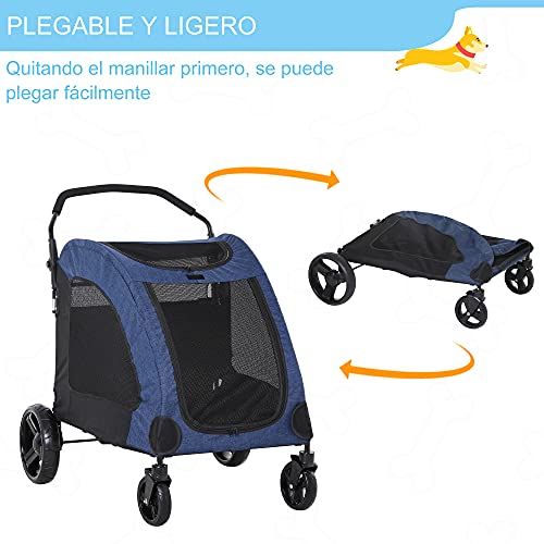 Pawhut Cochecito para Mascotas Carrito para Perro Gatos 4 Ventanas Transpirables Buena Ventilación Puerta Grande Cojín Extraíble 98x82x110 cm Azul