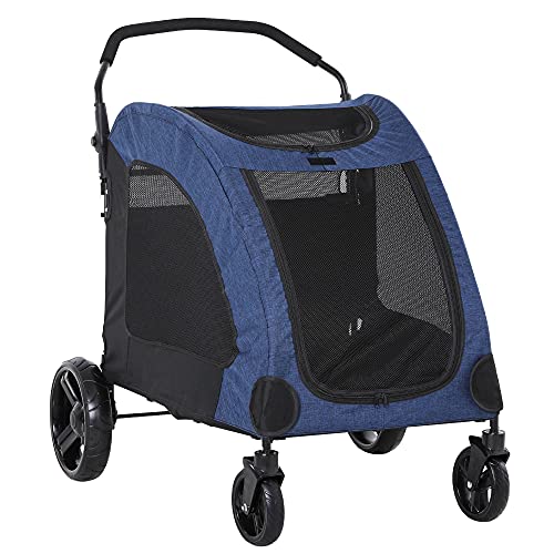 Pawhut Cochecito para Mascotas Carrito para Perro Gatos 4 Ventanas Transpirables Buena Ventilación Puerta Grande Cojín Extraíble 98x82x110 cm Azul