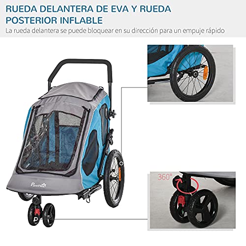 Pawhut Cochecito para Perros Carro para Mascotas Plegable 2 en 1 con Manillar Rueda Delantera Giratoria 360° Enganche Retráctil Tela Oxford Carga 30 kg 140x71x105 cm Azul Gris