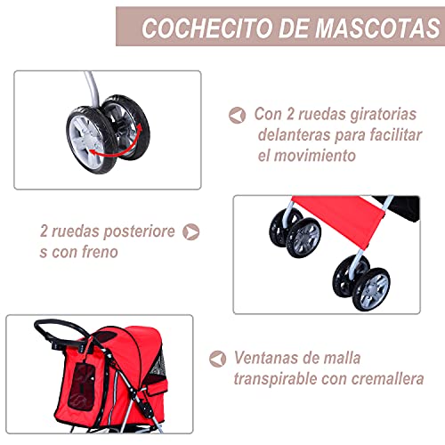 PawHut Cochecito Plegable Mascotas Carrito para Perros Gatos con Cuatro Ruedas Cesta de Almacenaje Ventanas y Portavasos Tela Oxford Marco de Acero 75x45x97 cm Rojo