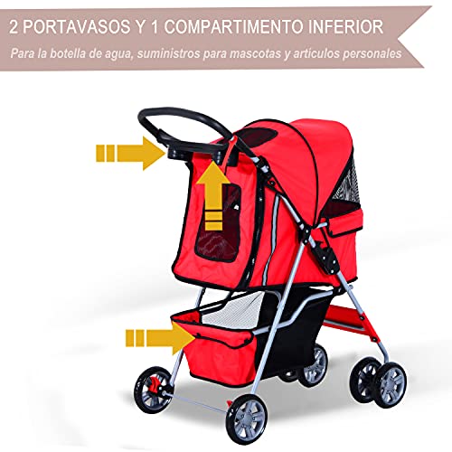 PawHut Cochecito Plegable Mascotas Carrito para Perros Gatos con Cuatro Ruedas Cesta de Almacenaje Ventanas y Portavasos Tela Oxford Marco de Acero 75x45x97 cm Rojo