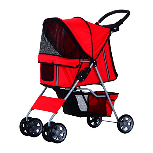 PawHut Cochecito Plegable Mascotas Carrito para Perros Gatos con Cuatro Ruedas Cesta de Almacenaje Ventanas y Portavasos Tela Oxford Marco de Acero 75x45x97 cm Rojo