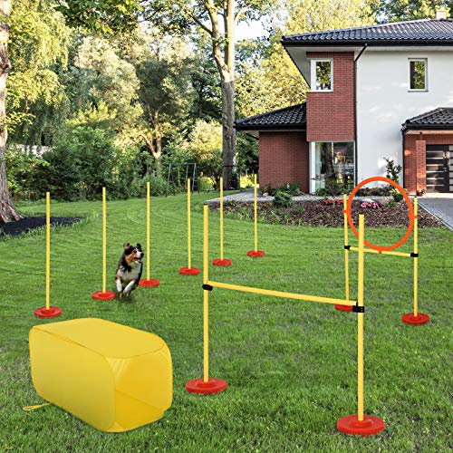 Pawhut Conjunto 4 Obstáculos de Entrenamiento para Perro Set de Agilidad para Mascotas Estable Altura Ajustable de Aro con Túnel Postes y Bolsa Transporte Amarillo