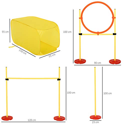 Pawhut Conjunto 4 Obstáculos de Entrenamiento para Perro Set de Agilidad para Mascotas Estable Altura Ajustable de Aro con Túnel Postes y Bolsa Transporte Amarillo