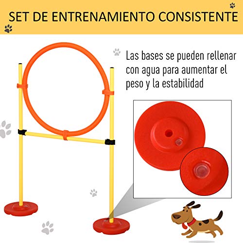 Pawhut Conjunto 4 Obstáculos de Entrenamiento para Perro Set de Agilidad para Mascotas Estable Altura Ajustable de Aro con Túnel Postes y Bolsa Transporte Amarillo
