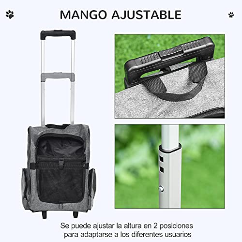 Pawhut Transportín Carrito para Mascotas 2 en 1 Mochila de Viaje con 2 Ruedas para Perros Gatos con Asa Retráctil de Aluminio y Bolsillos de Almacenaje 42x25x55 cm Gris