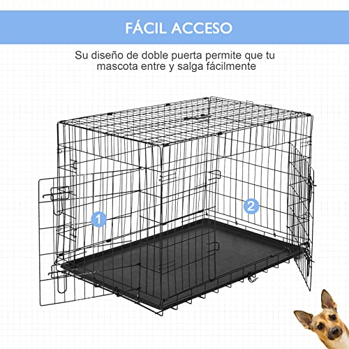 PawHut Transportín de Perro de 2 Puertas Jaula de Alambre para Perros Plegable con Asa Acero 122x77x82cm Negro