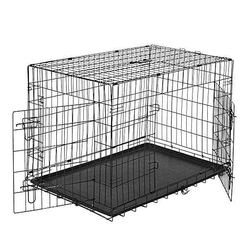 PawHut Transportín de Perro de 2 Puertas Jaula de Alambre para Perros Plegable con Asa Acero 122x77x82cm Negro