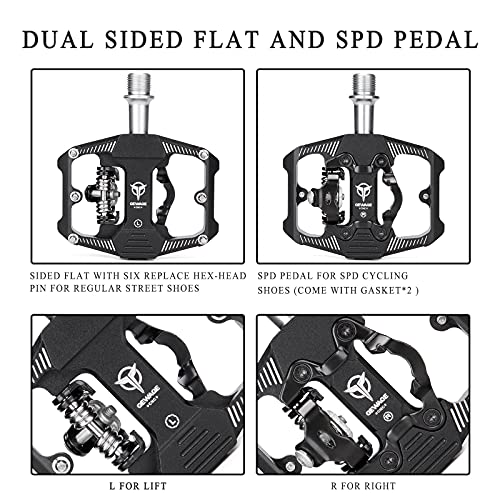 Pedales de bicicleta SPD, pedales de dos lados SPD, plataforma ancha antideslizante con 3 rodamientos, pedales ligeros de aluminio de 9/16 pulgadas con pinzas para bicicleta de montaña