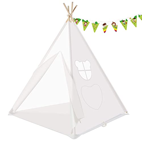 Peradix Tiendas de campaña para niños,Tipi Infantil con Alfombra Accesorios Grande De Juego Interior y Exterior Tipi Indio para niños Tienda Campaña Infantil Juguetes Niños con empavesado (Blanco)