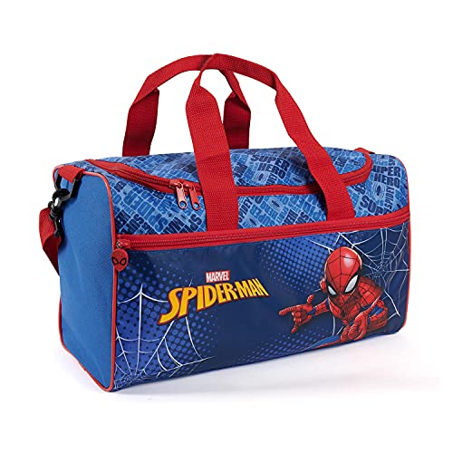 PERLETTI Bolsa Deporte Infantil Spiderman con Bandolera - Mochila Gimnasio para Niños Marvel Spider Man Azul y Rojo - Bolso Deportivo Niño con Hombre Araña de Viajes y Tiempo Libre - 35x22.5x15