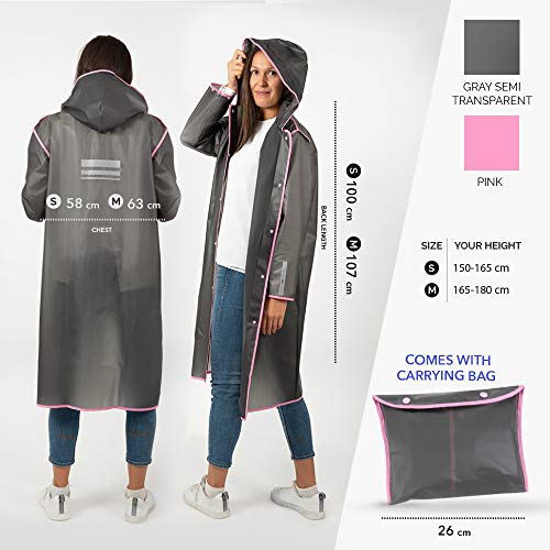 PERLETTI Chubasquero Hombre Mujer Ligero y Reutilizable - Impermeable Hombre y Mujer Resistente al Agua - Ropa de Agua Impermeable Detalles Reflectantes Capucha y Botones (S, Gris con Borde Rosado)