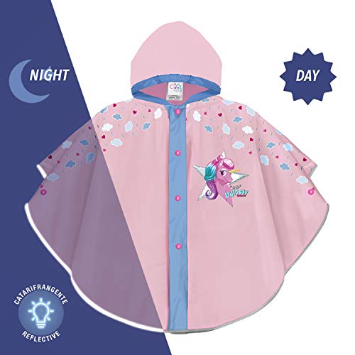 PERLETTI Impermeable Niña para Lluvia con Unicornio Nubes y Corazoncitos - Chubasquero Infantiles 3 4 5 6 Años - Poncho Niñas con Capucha Botones a Presión Detalles Reflectantes (Rosa, 3-6 Años)