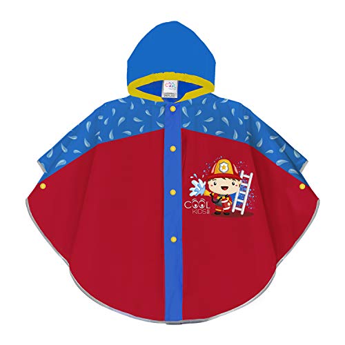 PERLETTI Impermeable Niños 3 4 5 6 Años con Bombero Rojo Azul - Chubasquero Infantiles con Capucha Botones a Presión - Ropa de Agua Detalles Reflectante Bomberito Apaga Incendio (Bombero, 3/6 Años)