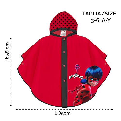 PERLETTI Poncho Impermeable Miraculous Ladybug - Chubasquero de Lluvia Niña Estampado Prodigiosa Lady Bug y Lunares Dots - Rojo Ribete Negro con Capucha y Botones - Tejito EVA