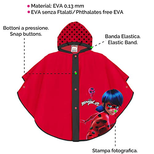 PERLETTI Poncho Impermeable Miraculous Ladybug - Chubasquero de Lluvia Niña Estampado Prodigiosa Lady Bug y Lunares Dots - Rojo Ribete Negro con Capucha y Botones - Tejito EVA