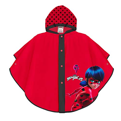 PERLETTI Poncho Impermeable Miraculous Ladybug - Chubasquero de Lluvia Niña Estampado Prodigiosa Lady Bug y Lunares Dots - Rojo Ribete Negro con Capucha y Botones - Tejito EVA