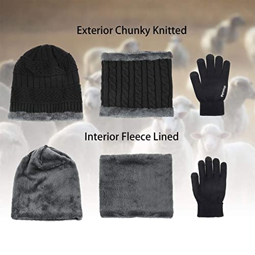 Petrunup Gorros Circulares Bufanda y Guantes Establecidos Señoras de Los Hombres Pantalla Táctil Guantes Cuello Slouch Beanie,Negro