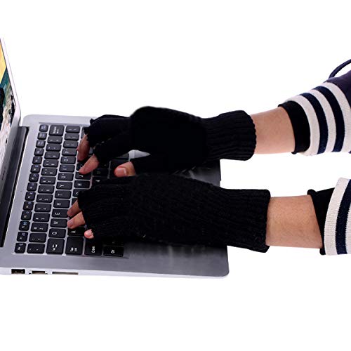Petyoung - Guantes de lana para hombre y mujer, con calefacción por USB, guantes de punto unisex, guantes de lana, calentadores de manos para ordenador portátil, sin dedos lavables (negro)