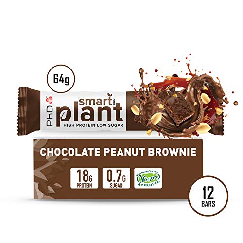 PhD Smart Plant, Barrita Vegana Alta en Proteína y Baja en Azúcar sin Aceite de Palma, 12 Barritas Sabor Brownie de Chocolate y Cacahuete