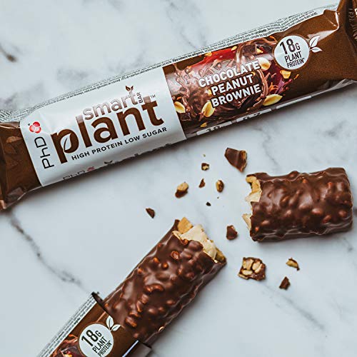 PhD Smart Plant, Barrita Vegana Alta en Proteína y Baja en Azúcar sin Aceite de Palma, 12 Barritas Sabor Brownie de Chocolate y Cacahuete