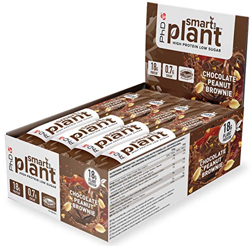 PhD Smart Plant, Barrita Vegana Alta en Proteína y Baja en Azúcar sin Aceite de Palma, 12 Barritas Sabor Brownie de Chocolate y Cacahuete