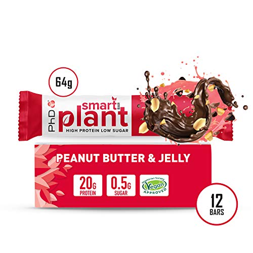 PhD Smart Plant, Barrita Vegana Alta en Proteína y Baja en Azúcar sin Aceite de Palma, 12 Barritas Sabor Crema de Cacahuete y Gelatina