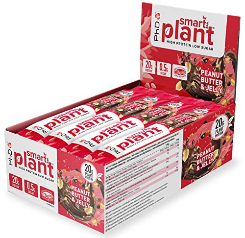 PhD Smart Plant, Barrita Vegana Alta en Proteína y Baja en Azúcar sin Aceite de Palma, 12 Barritas Sabor Crema de Cacahuete y Gelatina