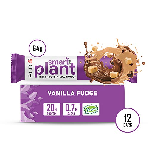 PhD Smart Plant, Barrita Vegana Alta en Proteína y Baja en Azúcar sin Aceite de Palma, 12 Barritas Sabor Dulce de Vainilla