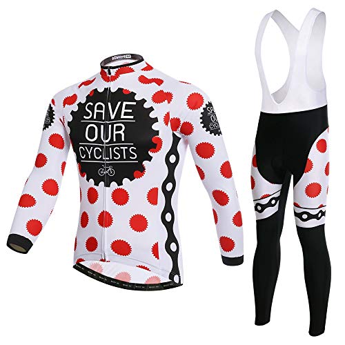 Pinjeer Red Round Spot Decoración Transpirable Ciclismo Jersey Trajes de Vestir con Pantalones de Babero Primavera Otoño Jersey Exterior Hombres Conjuntos de Manga Larga para Racing Bike