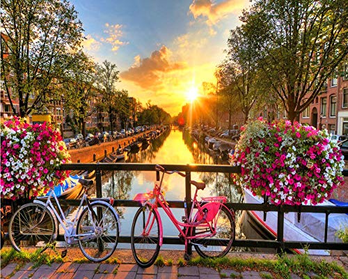 Pintura por números para Adultos DIY Pintura al óleo Kit con Pinceles y Pinturas para Niños Seniors Junior -Sin Marco- Amsterdam - Bicicletas Retro - 40 x 50 cm - PBN26051