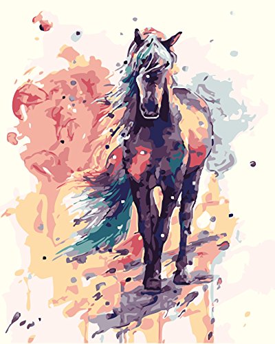 Pintura por Números Para Adultos y Niños DIY Kits de pintura al óleo de lona preimpresos con marco de madera Para la Decoración De La Casa - Caballo Negro - F 16 * 20 Pulgadas