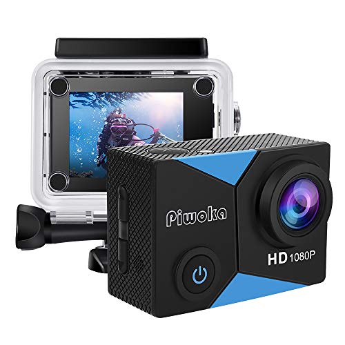 Piwoka Cámara Deportiva HD1080P Impermeable 30M acción cámara submarina Pantalla 2" LCD Gran Angular con Multi Accesorios para Deportes, Buceo, Coche, Moto, Bicicleta etc. (Azule)