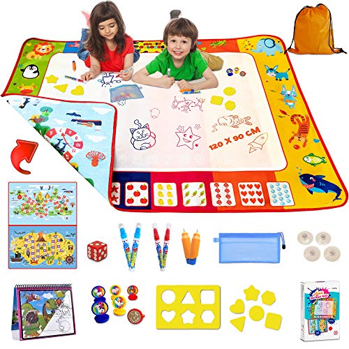 Pizarra Mágica Infantil 120x90cm Doble Cara con Accesorios, Pizarra de Agua Aqua Doodle para Dibujar, Alfombra de Juego, Juego para Niños de 2 3 4 5 6 Años, Juego Educativo y Didáctico, Idea de Regalo