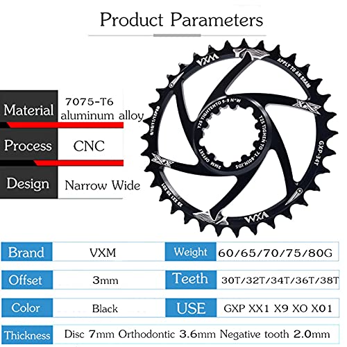 Placa Dental MTB GXP CIRANCULAR DE Bicicleta CIERNA DE Engranaje Fijo 3 4T 36T 38T 40T Caining Cainwhee para SRAM GX XX1 X1 X9 GXP PEDIVELA Offset 3mm Traje (Chainwheel Teeth : 36T, Color : Black)