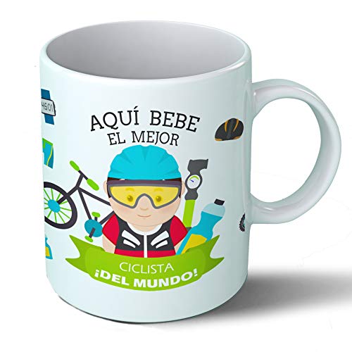 Planetacase Taza Desayuno Aquí Bebe el Mejor Ciclista del Mundo Regalo Original Ciclismo Deportes Ceramica 330 mL