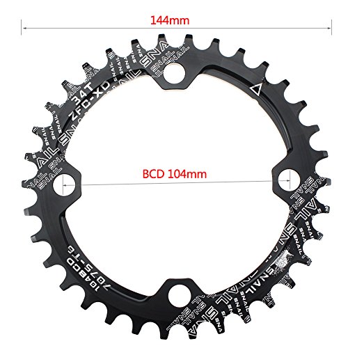 Plato para Cadena única de Bicicleta FOMTOR de 32, 34 o 36 Dientes, con BCD 104 y compatibilidad con velocidades 9, 10 y 11, de piñón Fijo (Redonda, Negro), Color 34T, tamaño 34t