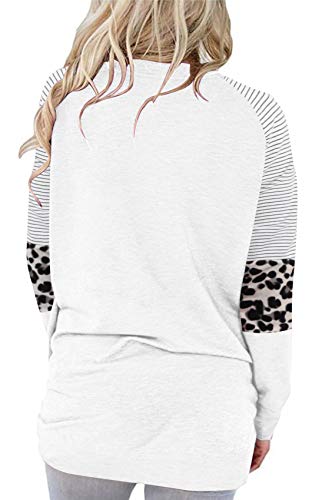 PLOKNRD Sudaderas con Cuello Redondo para Mujer Casual de Manga Larga Llanura Tops Sueltos Túnica(Empalme Blanco,L