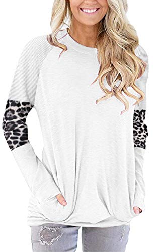 PLOKNRD Sudaderas con Cuello Redondo para Mujer Casual de Manga Larga Llanura Tops Sueltos Túnica(Empalme Blanco,L