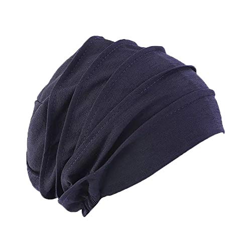 Pluto & Fox Gorra Beanie De Tela Algodón Turbante para Cabeza con Cinta De Goma por Detrás De Mujer para Dormir Cáncer Quimioterapia Chemo Oncológico Noche Pèrdida de Pelo Cabello (Azul)