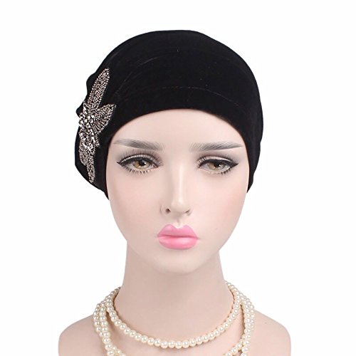 Pluto & Fox Gorra Beanie De Tela con Adorno Turbante para Cabeza De Mujer para Cáncer Quimioterapia Chemo Oncológico Noche Pèrdida de Pelo Cabello (Negro, 1)