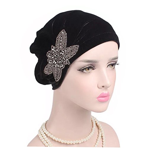 Pluto & Fox Gorra Beanie De Tela con Adorno Turbante para Cabeza De Mujer para Cáncer Quimioterapia Chemo Oncológico Noche Pèrdida de Pelo Cabello (Negro, 1)