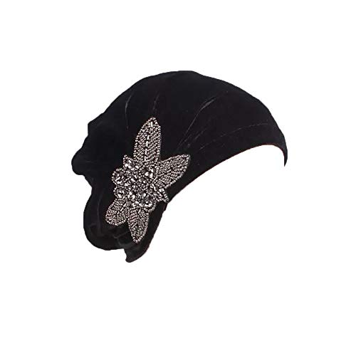 Pluto & Fox Gorra Beanie De Tela con Adorno Turbante para Cabeza De Mujer para Cáncer Quimioterapia Chemo Oncológico Noche Pèrdida de Pelo Cabello (Negro, 1)